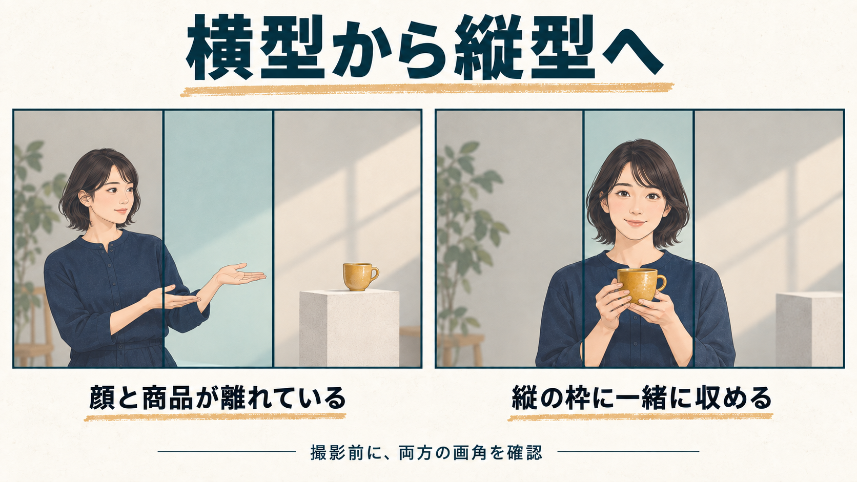 顔と商品が離れて切り抜きにくい構図と、同じ縦の枠に収める構図を比較した説明用の生成イラスト。厳密な縮尺図ではありません。