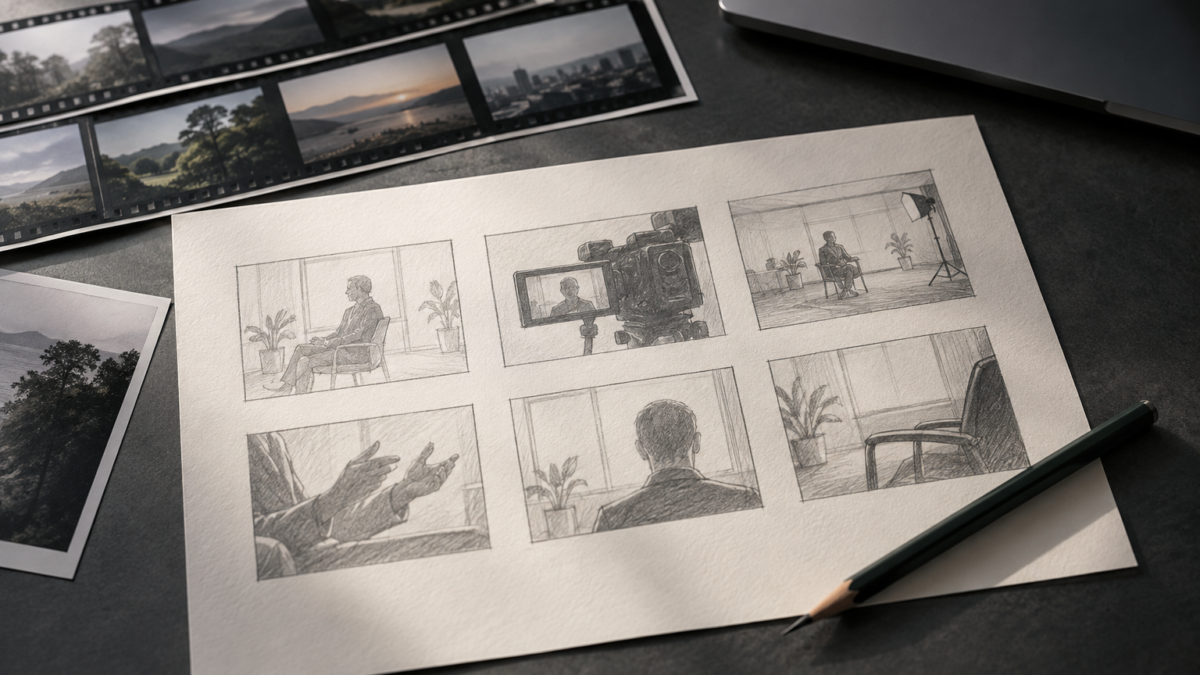 インタビューの絵コンテと写真資料。動画の構成を考えるイメージ