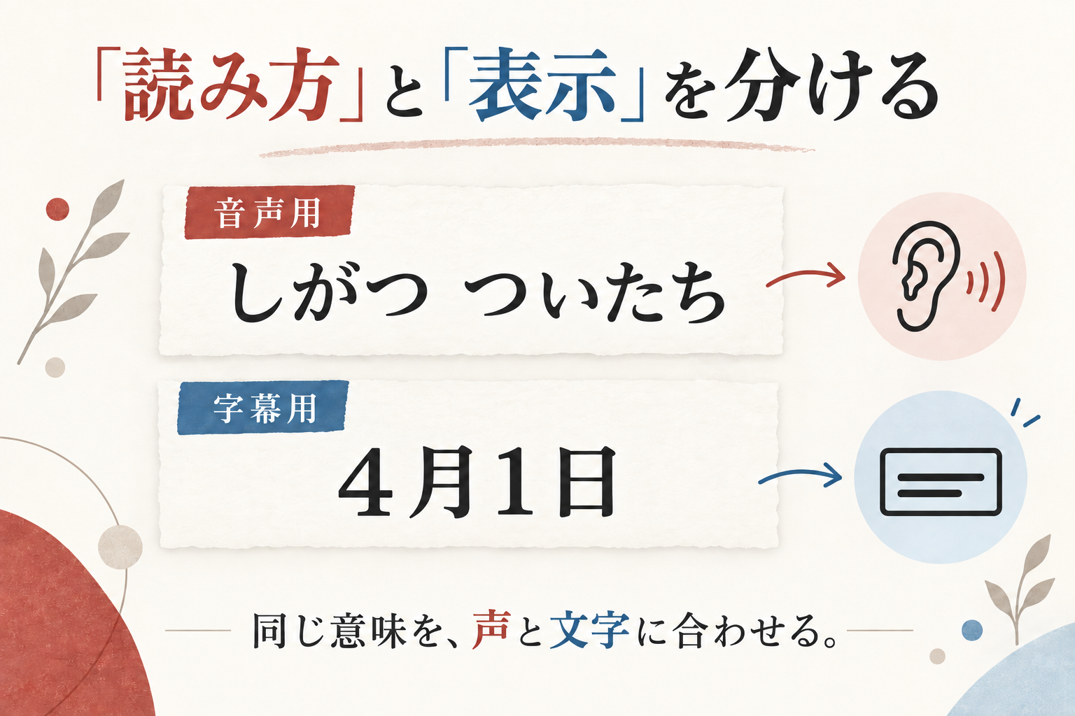 音声用は「しがつ ついたち」、字幕用は「4月1日」と分ける説明用の生成図。