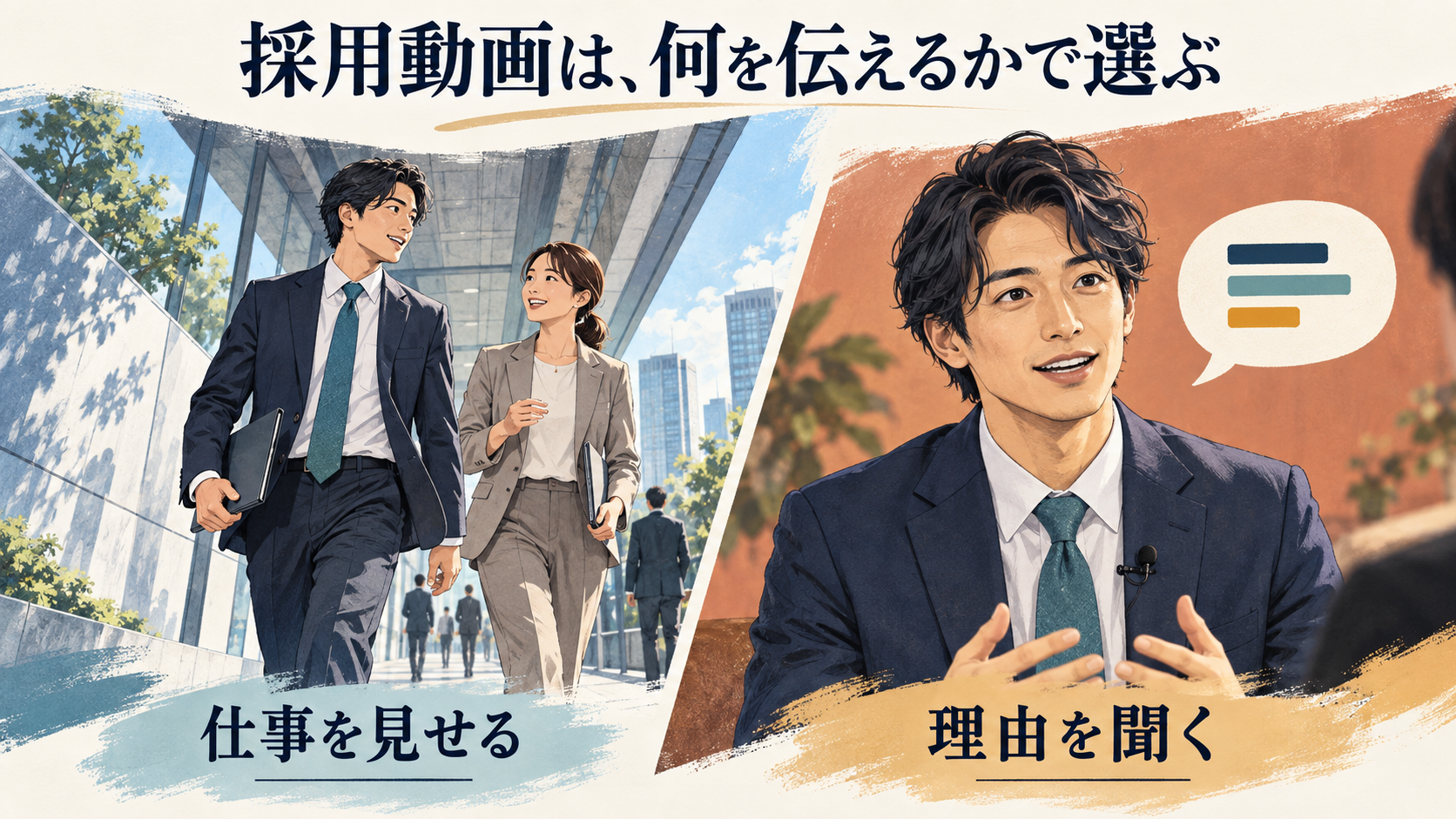 仕事中の場面を見せる密着と、本人の理由を聞くインタビューを並べた、架空の社員による記事専用の生成イラスト
