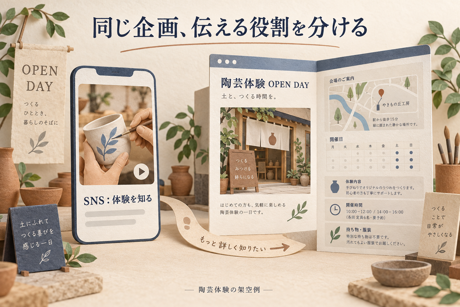 陶芸体験の手元を見せるSNSと、詳細条件を載せるWebページを並べた生成説明図。架空例で、図内の条件は本文の募集条件ではありません。